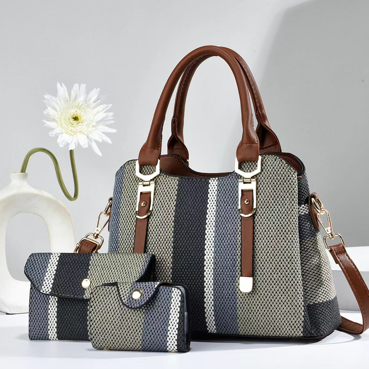 Fashion Stripe Canvas Contrast Large-Capacity Handbag Three-Piece Set