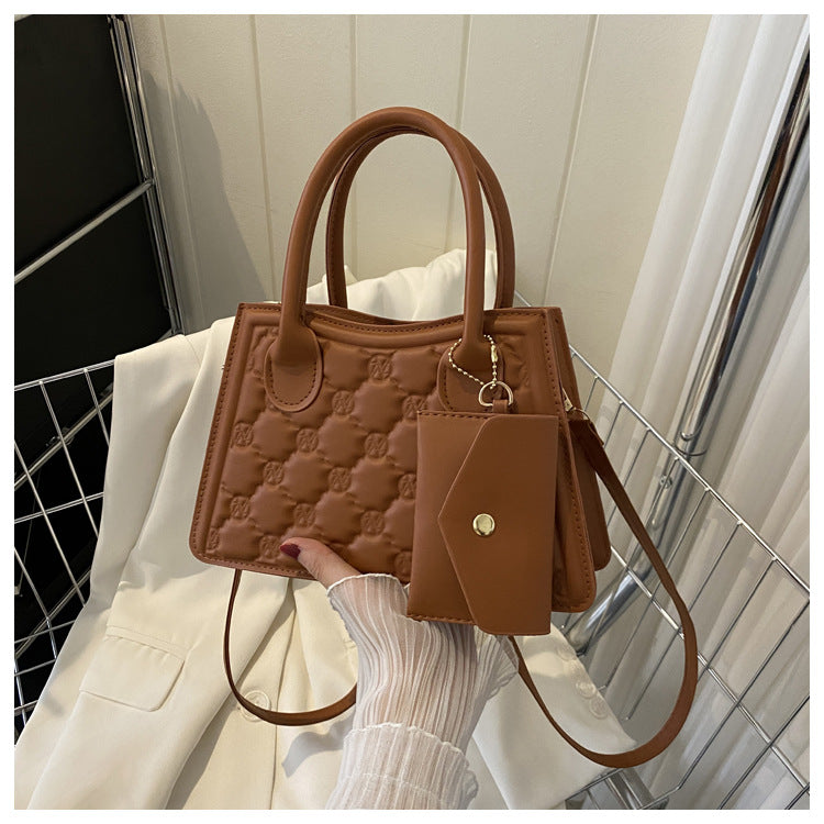 Women Fashionable Round Diamond Creased Square PU Handle Crossbody Bag