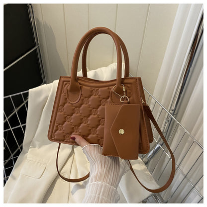 Women Fashionable Round Diamond Creased Square PU Handle Crossbody Bag