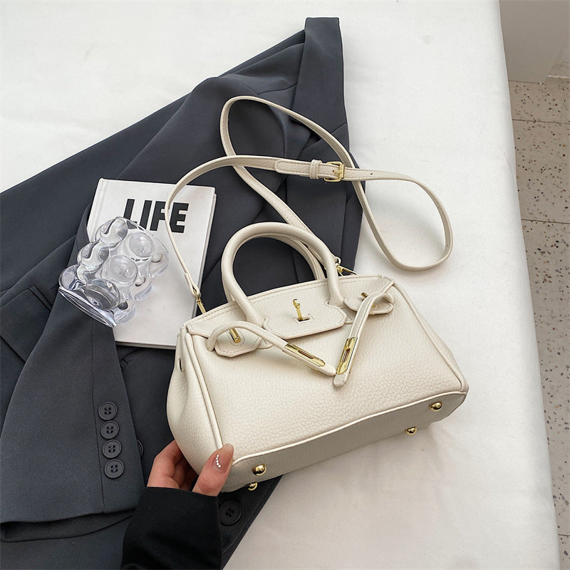 Women Fashion Solid Color Lock PU Handle Shoulder Bag