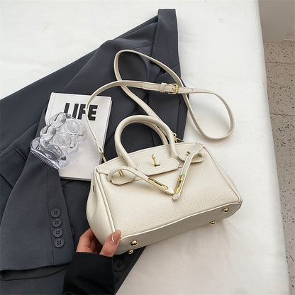 Women Fashion Solid Color Lock PU Handle Shoulder Bag