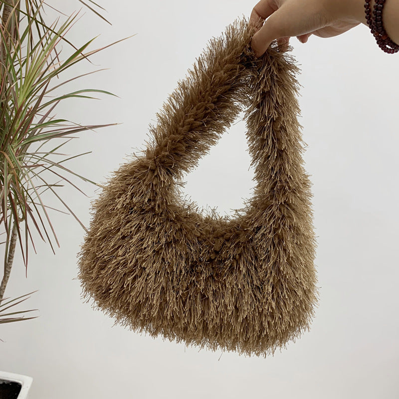 Sac à main en peluche de couleur unie pour femme, tendance automne et hiver 