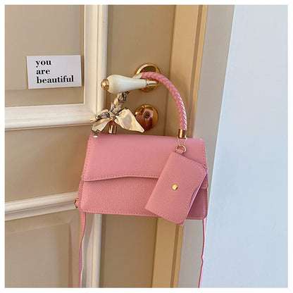 Women Fashion Solid Color Flap Scarf Coin Purse Pendant Square Handle Crossbody Bag