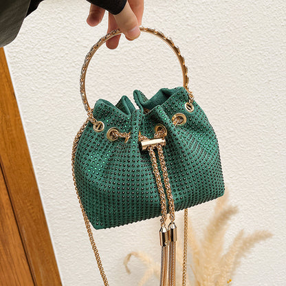 Women Fashion Fine Flash Rhinestone Tassel Drawstring Bucket Crossbody Bag