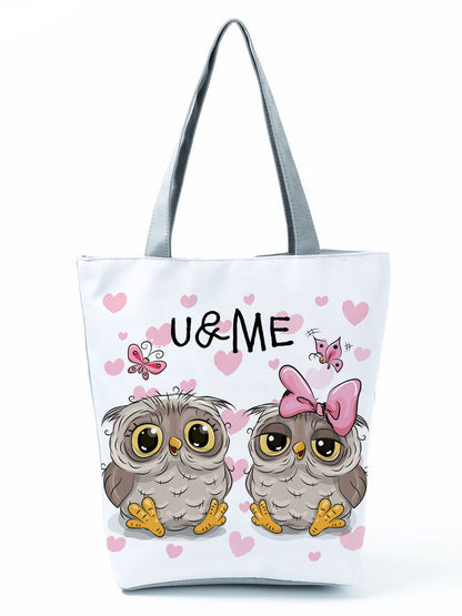 Simple White Creative Cartoon Owl Print Shopping Bag