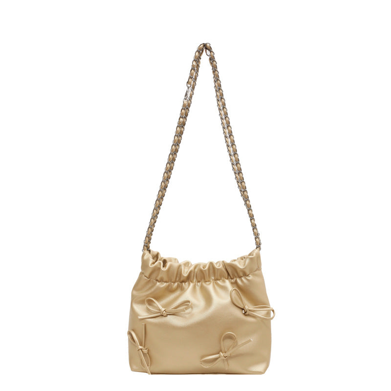 Sac seau à bandoulière en PU pour femme, simple et tendance, couleur unie, avec nœud 