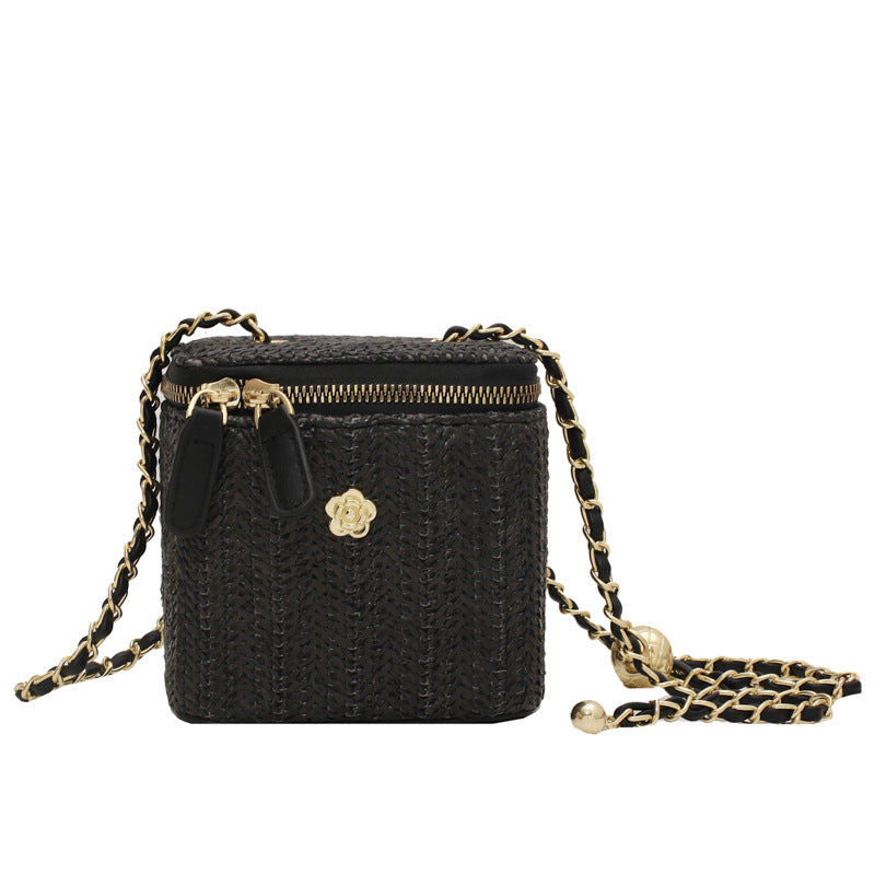 Women Fashion Simple Straw Woven Zipper Square Crossbody Bag