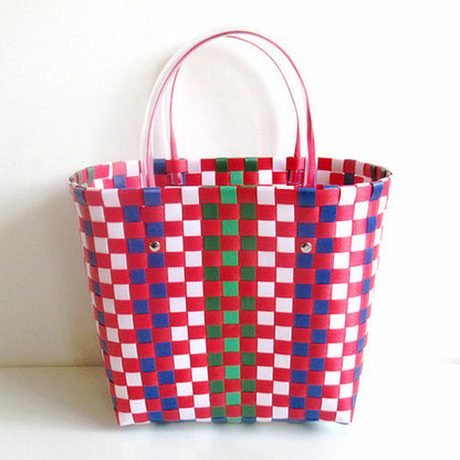 Vegetable Basket Straw Woven Waterproof Beach Women Casual Design Color Blocking Large Capacity Shoulder Handle Bag