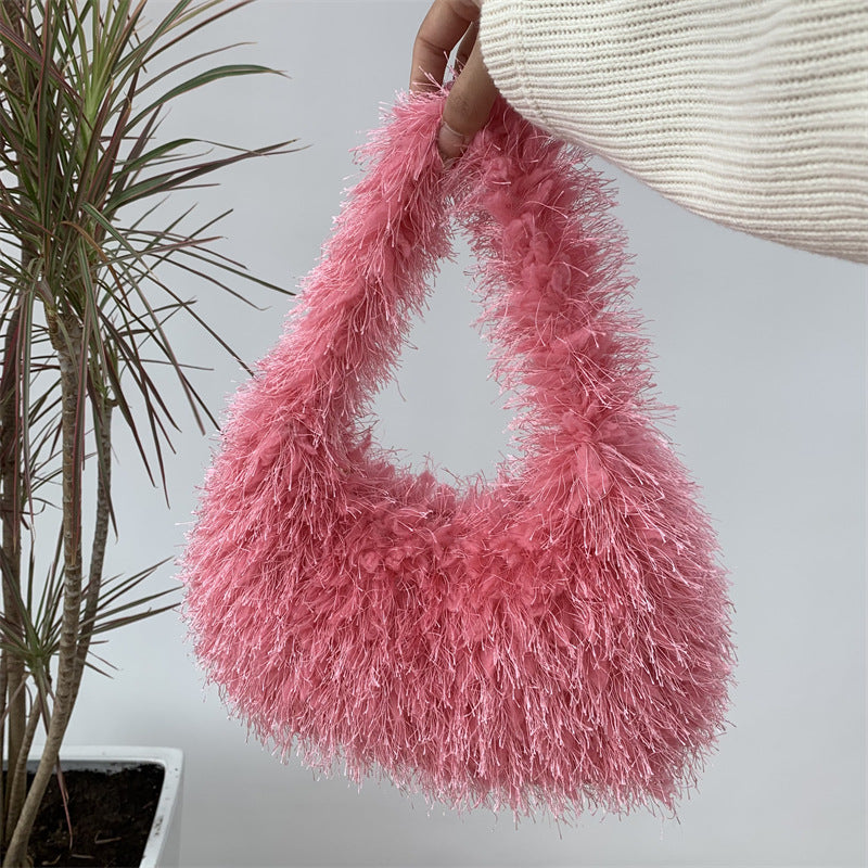 Sac à main en peluche de couleur unie pour femme, tendance automne et hiver 