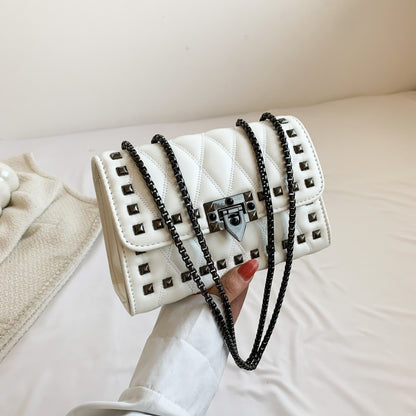 Women Simple And Fashionable Studded Flap Lock Square Chain Crossbody Bag