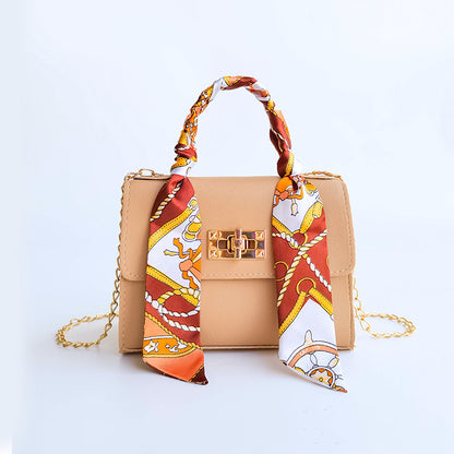 Women Elegant Flap Buckle Design Silk Scarf Decoration Solid Color PU Crossbody Bag