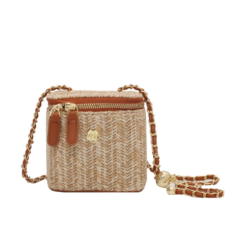 Women Fashion Simple Straw Woven Zipper Square Crossbody Bag