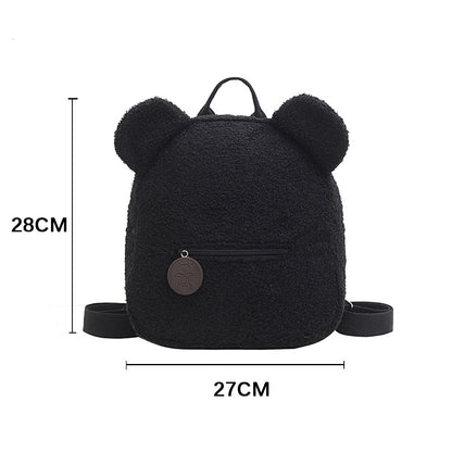 Women Cute Bear Shape Zipper Design Solid Color Plush Backpack