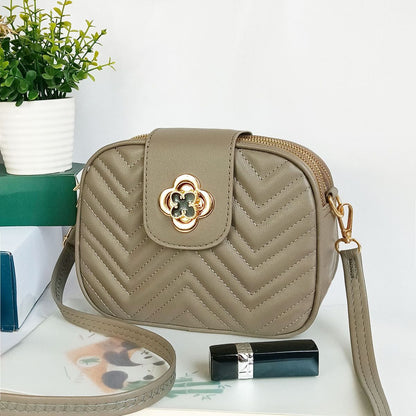 Sac à bandoulière en PU à trois couches avec fermeture éclair et broderie florale à rayures de couleur unie pour femme 