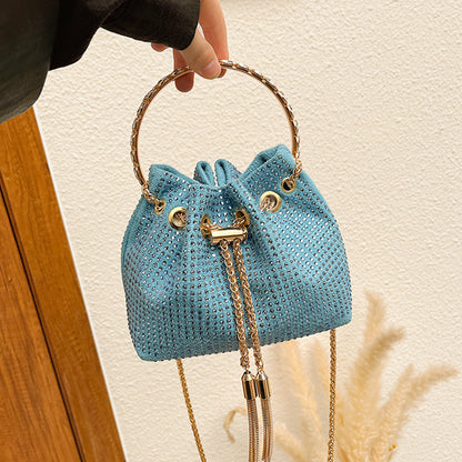 Women Fashion Fine Flash Rhinestone Tassel Drawstring Bucket Crossbody Bag