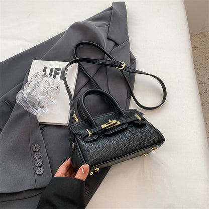 Women Fashion Solid Color Lock PU Handle Shoulder Bag