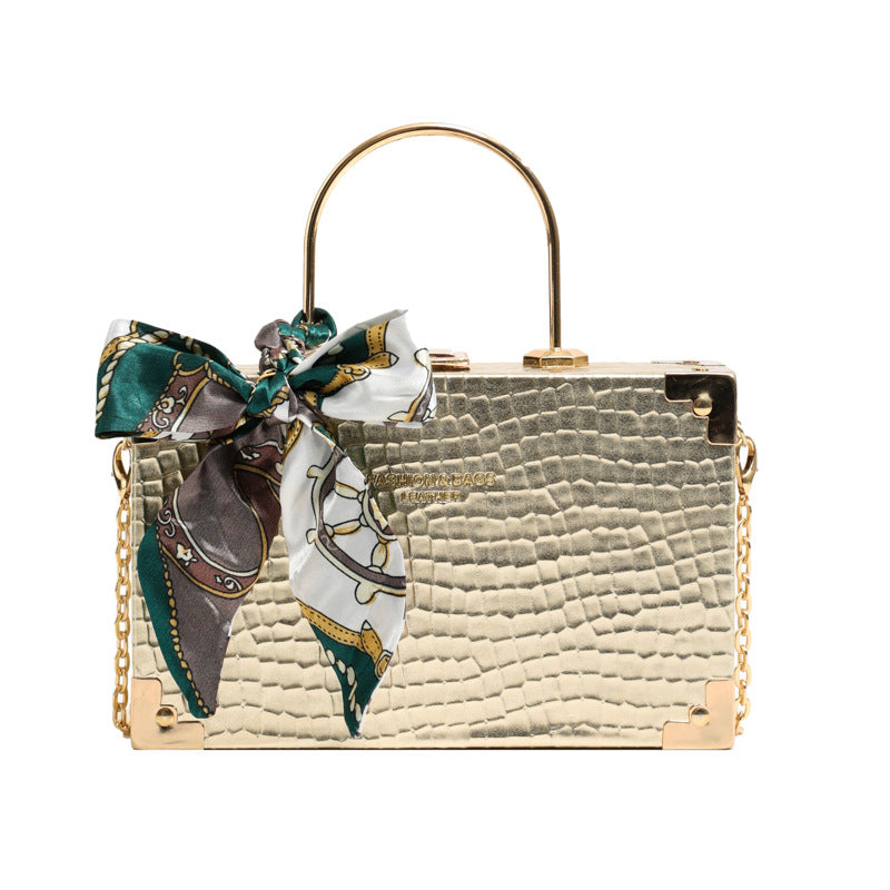 Women Fashionable Simple Square Silk Scarf Decorative Chain Crossbody Bag