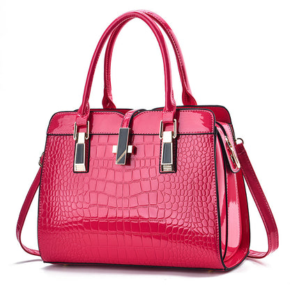 Women Fashion Bright Leather Large Capacity Crocodile Print Square Handbag