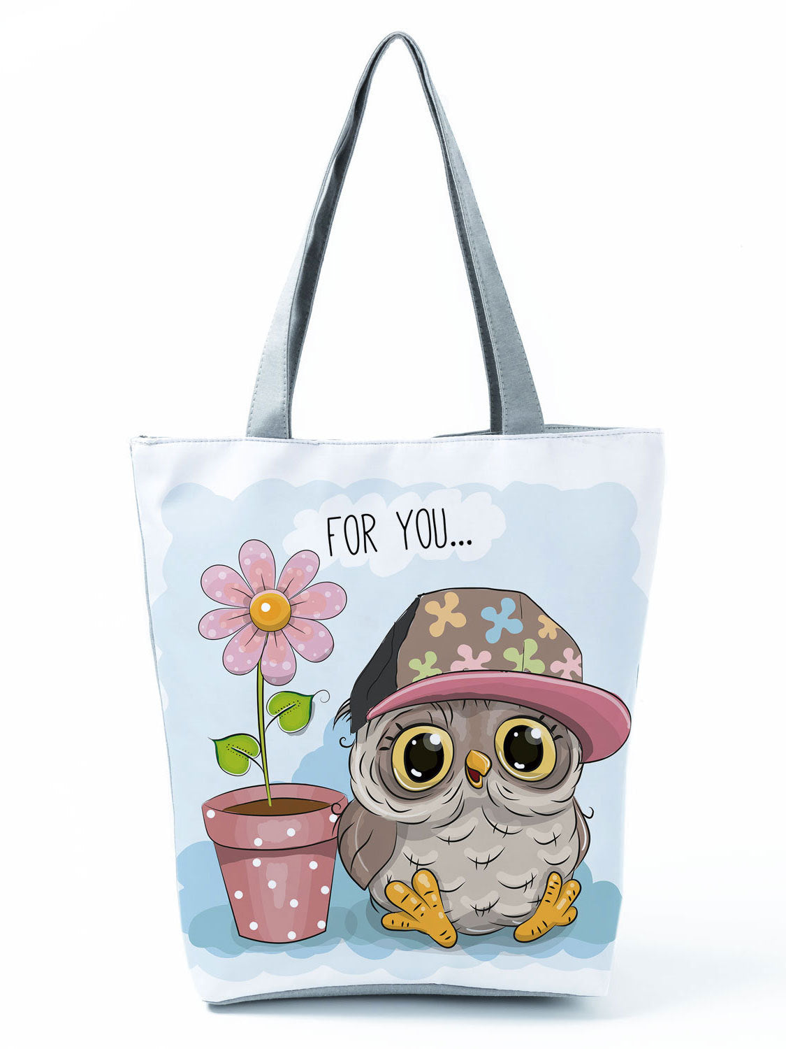 Simple White Creative Cartoon Owl Print Shopping Bag
