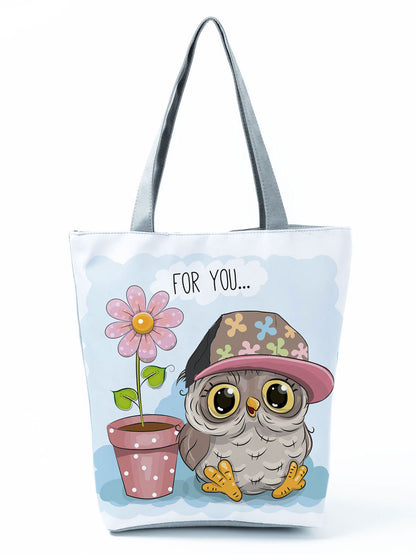 Simple White Creative Cartoon Owl Print Shopping Bag