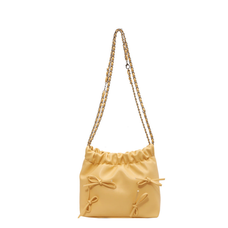 Sac seau à bandoulière en PU pour femme, simple et tendance, couleur unie, avec nœud 