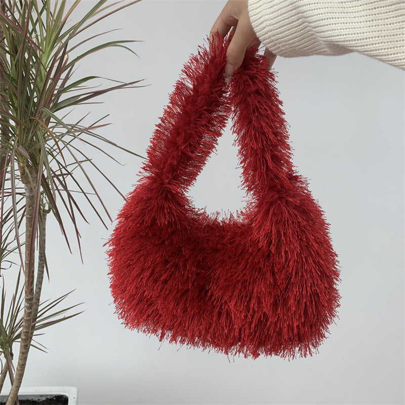 Sac à main en peluche de couleur unie pour femme, tendance automne et hiver 