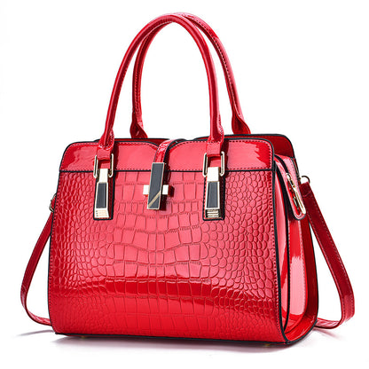 Women Fashion Bright Leather Large Capacity Crocodile Print Square Handbag
