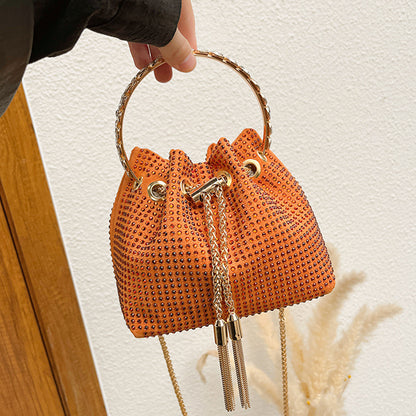 Women Fashion Fine Flash Rhinestone Tassel Drawstring Bucket Crossbody Bag