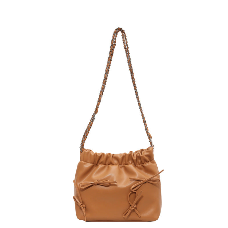 Sac seau à bandoulière en PU pour femme, simple et tendance, couleur unie, avec nœud 