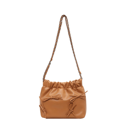 Sac seau à bandoulière en PU pour femme, simple et tendance, couleur unie, avec nœud 