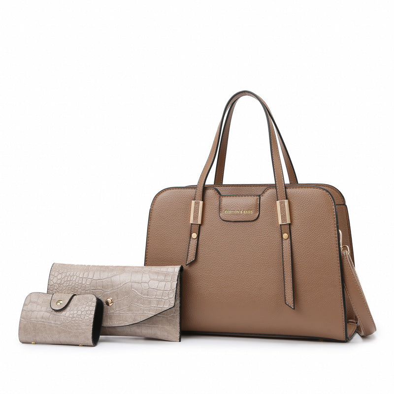 Women Casual Simple Solid Color Large Capacity Handbag Three-Piece Set