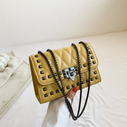 Women Simple And Fashionable Studded Flap Lock Square Chain Crossbody Bag