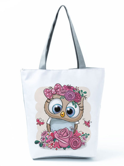 Simple White Creative Cartoon Owl Print Shopping Bag
