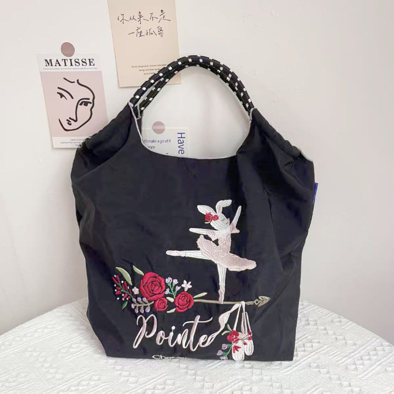Women Fashion Nylon Embroidered Large Capacity Canvas Shopping Bag