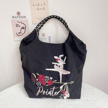 Women Fashion Nylon Embroidered Large Capacity Canvas Shopping Bag