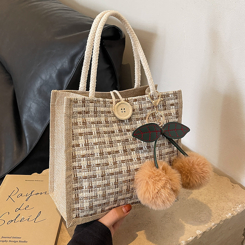 Women Fashion Casual Color Block Cherry Pendant Linen Tote Bag