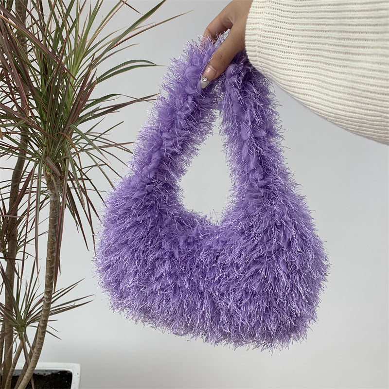 Sac à main en peluche de couleur unie pour femme, tendance automne et hiver 