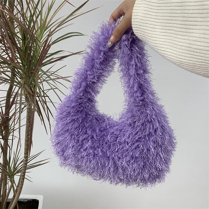 Sac à main en peluche de couleur unie pour femme, tendance automne et hiver 