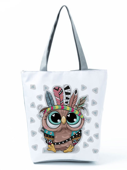 Simple White Creative Cartoon Owl Print Shopping Bag