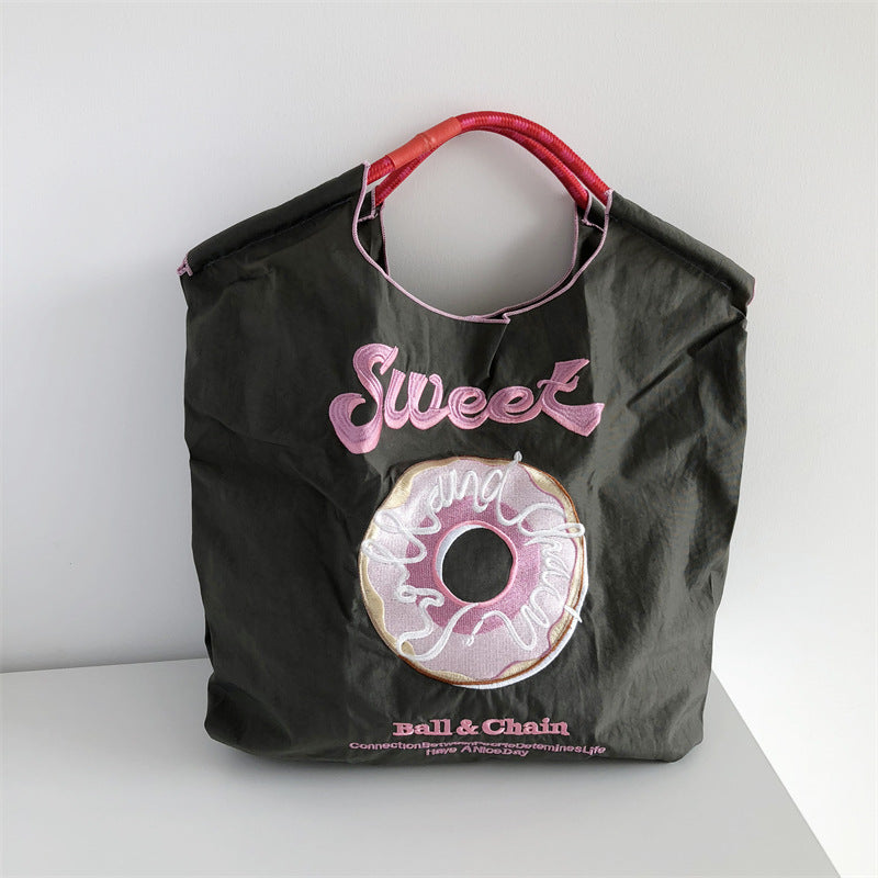 Women Fashion Nylon Embroidered Large Capacity Canvas Shopping Bag