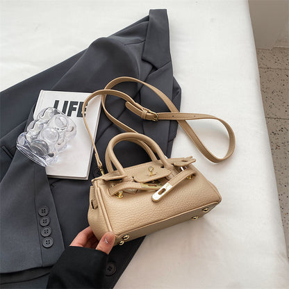 Women Fashion Solid Color Lock PU Handle Shoulder Bag