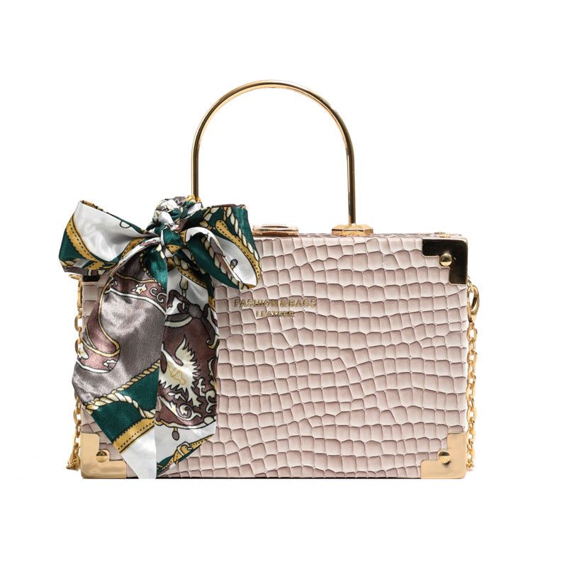 Women Fashionable Simple Square Silk Scarf Decorative Chain Crossbody Bag