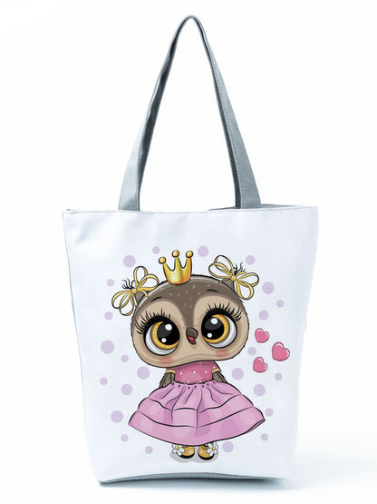 Simple White Creative Cartoon Owl Print Shopping Bag