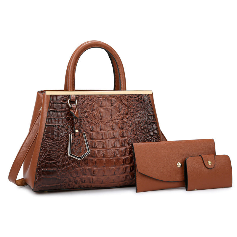 Women Fashion Casual Crocodile Pattern Large Capacity Handbag Three-Piece Set