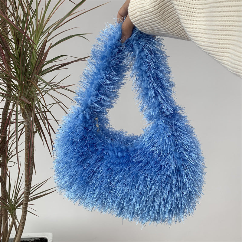 Sac à main en peluche de couleur unie pour femme, tendance automne et hiver 
