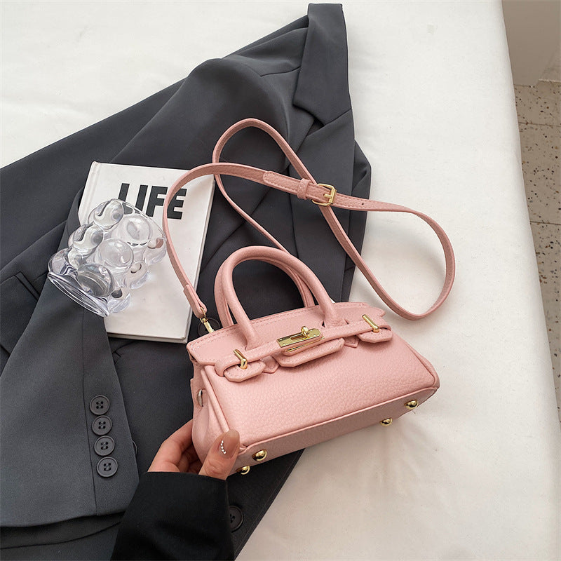 Women Fashion Solid Color Lock PU Handle Shoulder Bag