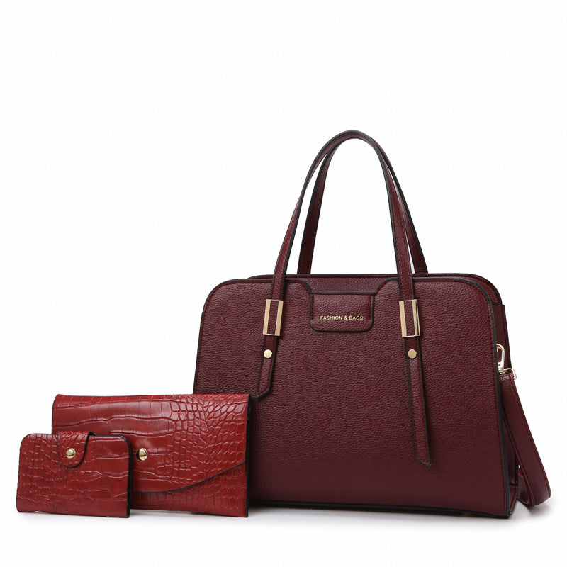 Women Casual Simple Solid Color Large Capacity Handbag Three-Piece Set