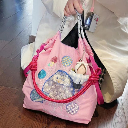 Women Fashion Nylon Embroidered Large Capacity Canvas Shopping Bag