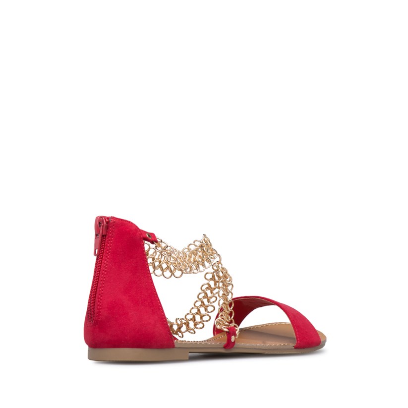 Red Vegan Suede Chain Strappy Summer Sandals Open Toe Flats