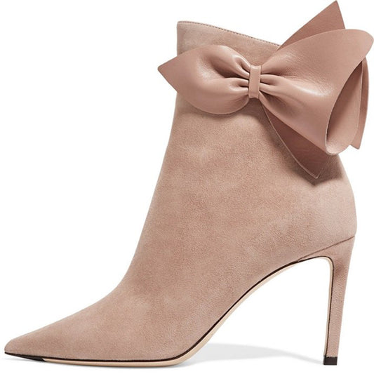 Beige Faux Suede Closed Toe 3'' Stiletto Heel Ankle Boots with Bow